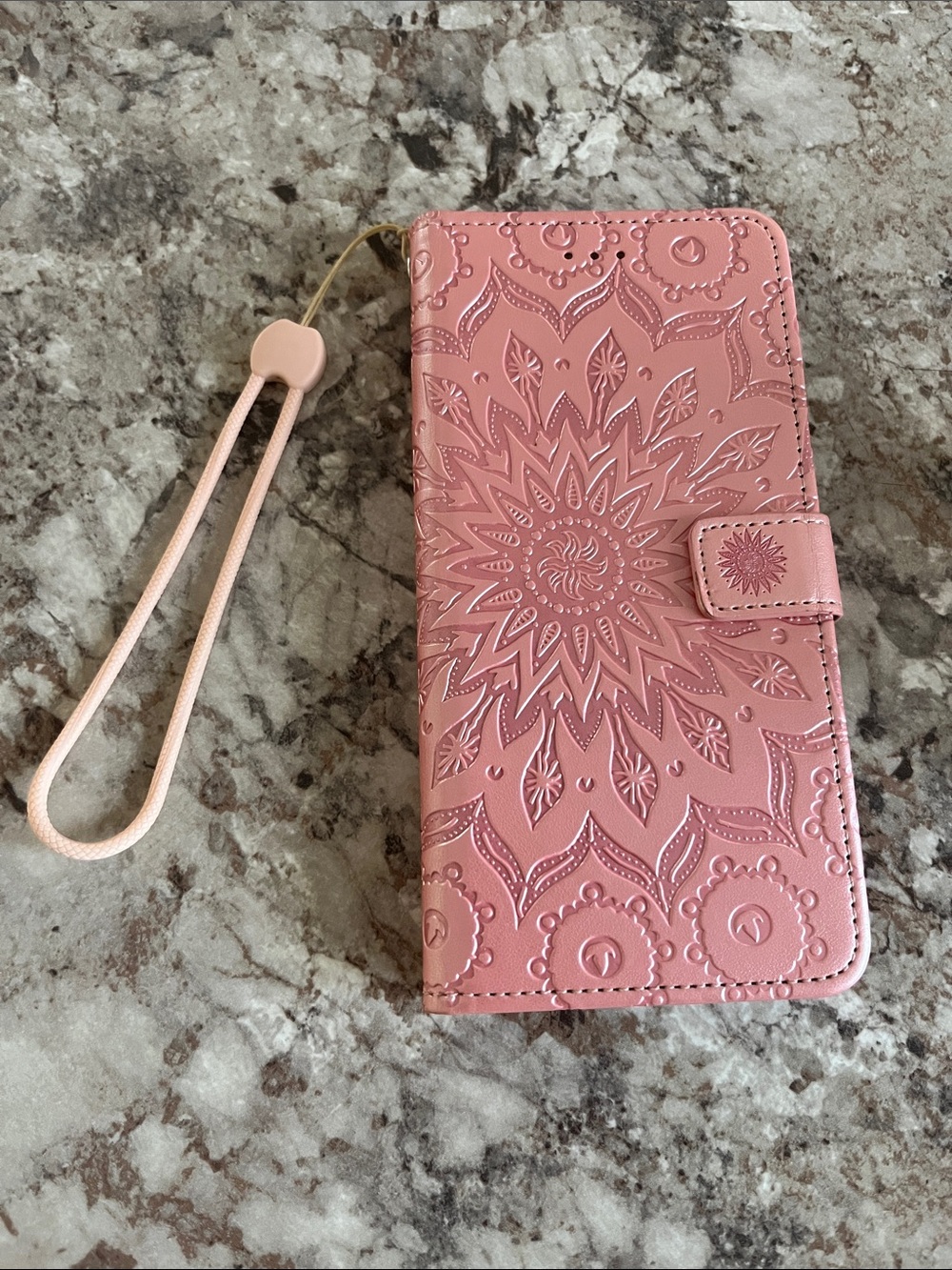 Pink Floral Mandala Wallet android Phone Case with Wrist Strap